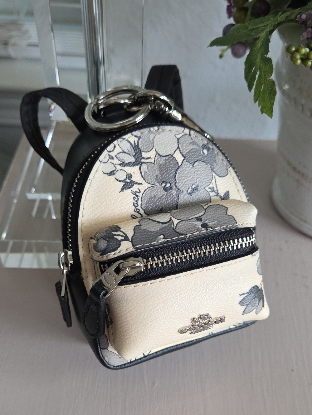 COACH Cream & Black Floral Mini Backpack Leather Keychain Bag Charm
